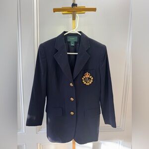 Lauren Ralph Lauren classic preppy Navy Blazer Gold embroidered jacket sz 4
